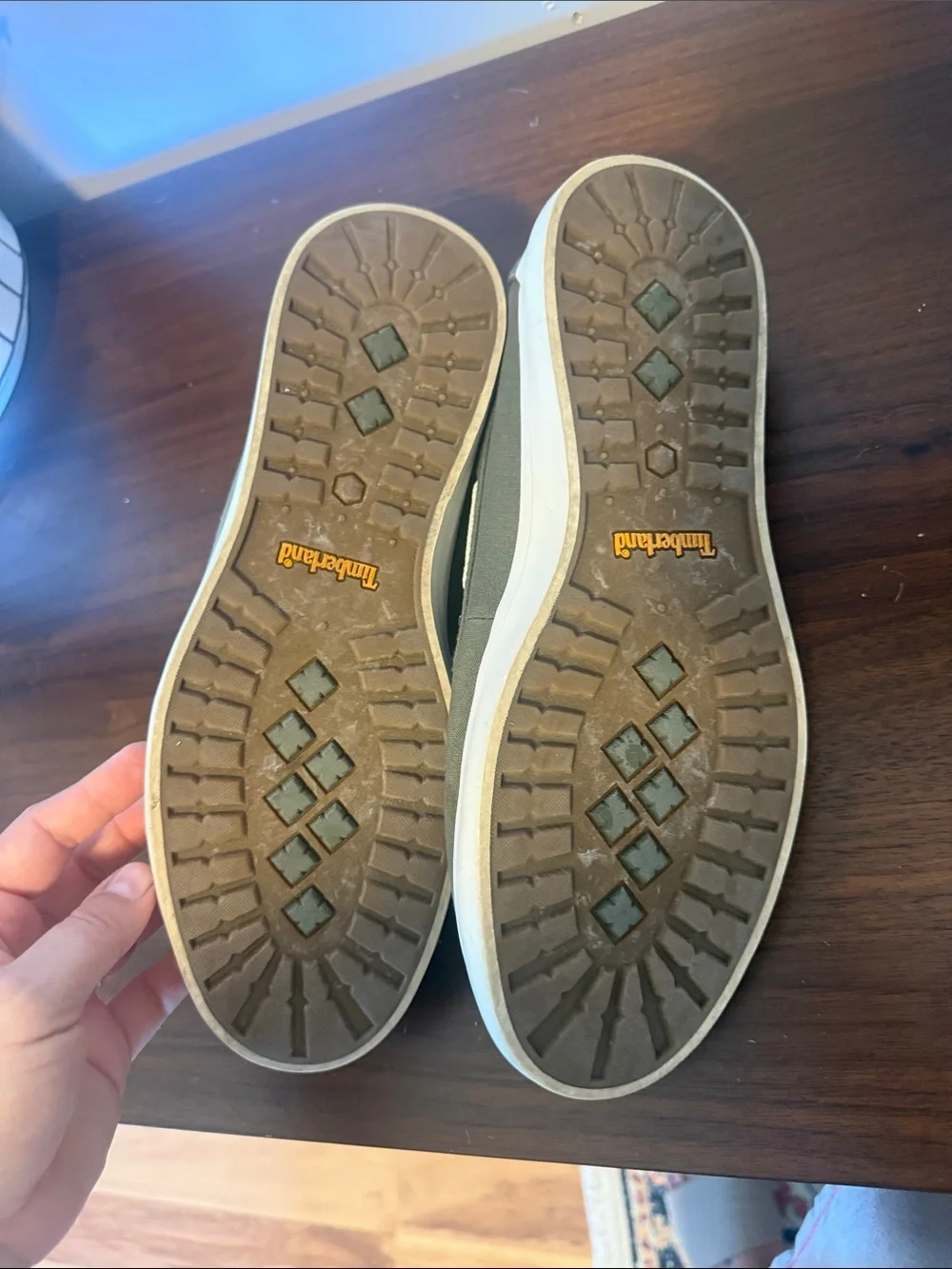Timberland Olive Green Canvas Boat Shoes with Cream Soles